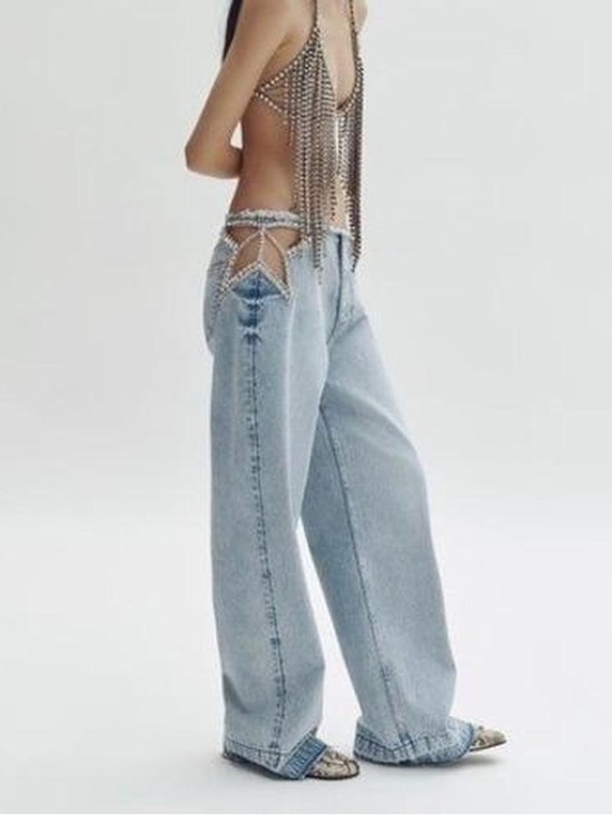 Stella McCartney Denim - Stella McCartney Light Blue Low-Rise Wide Leg Jeans with Cutout Waist